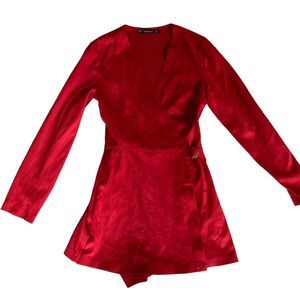 Zara Trafaluc Collection Size Small Faux Suede Belted Wrap Romper Red